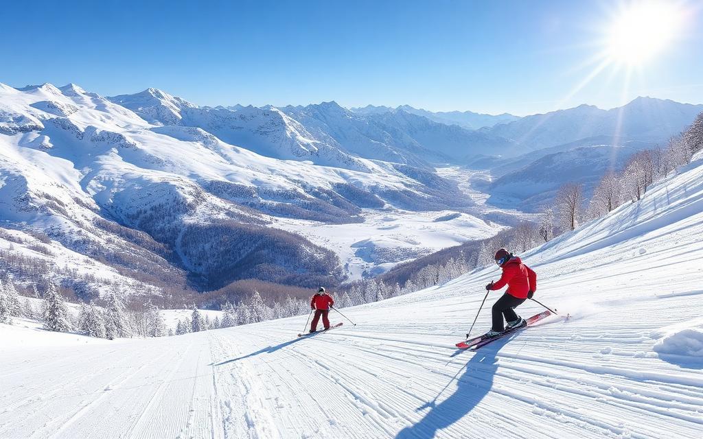 Skiers in the Pyrenees mountains
